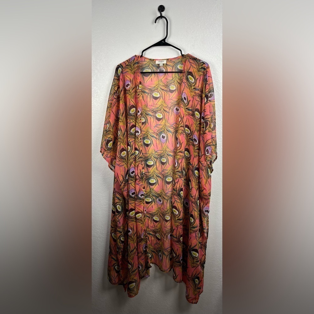 Umgee Multicolor Feather Pattern Duster Sheer Lightweight SZ M/L Chic TC0567